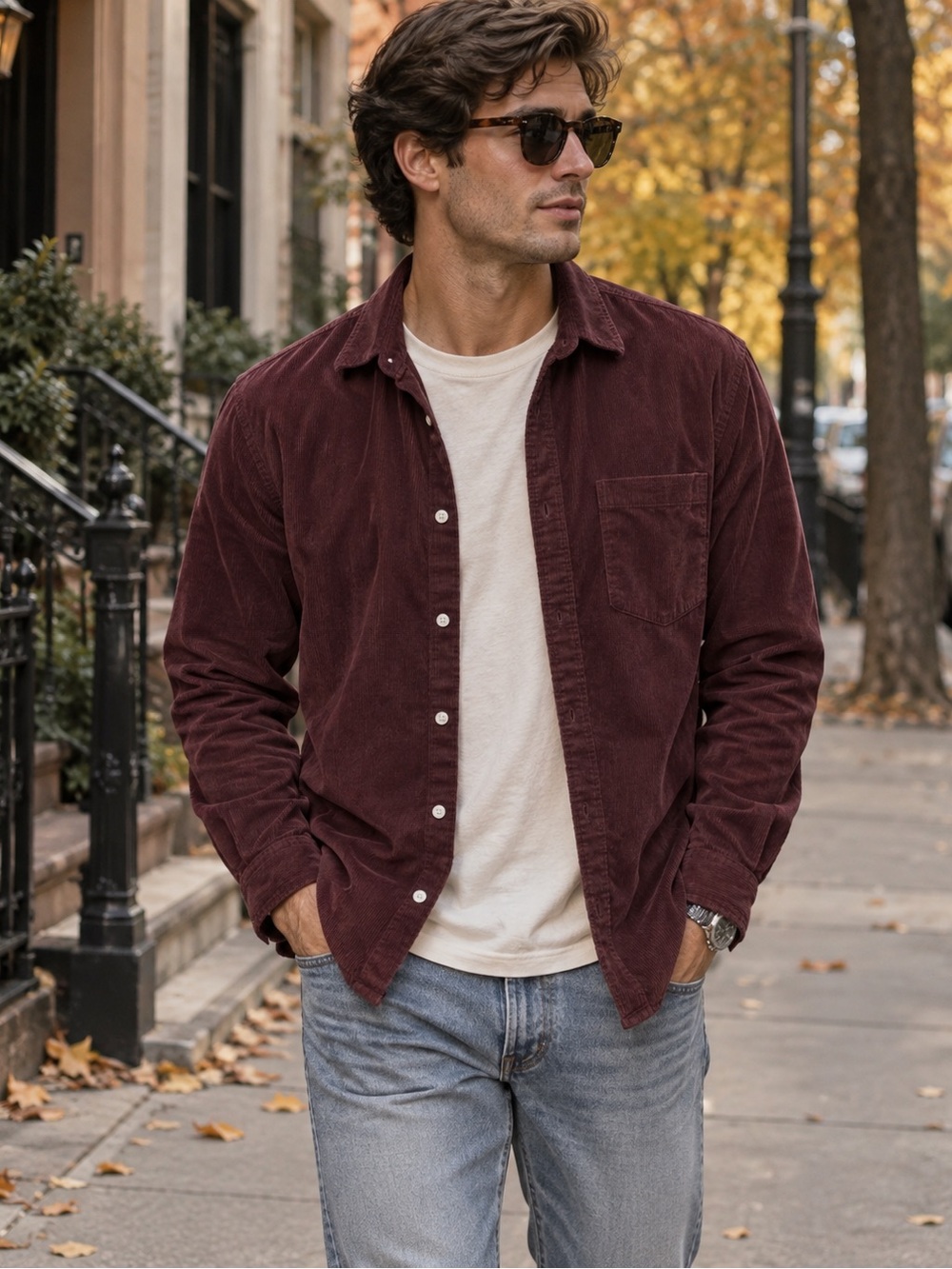 H&M Men's Corduroy Shirt Jacket in Burgundy